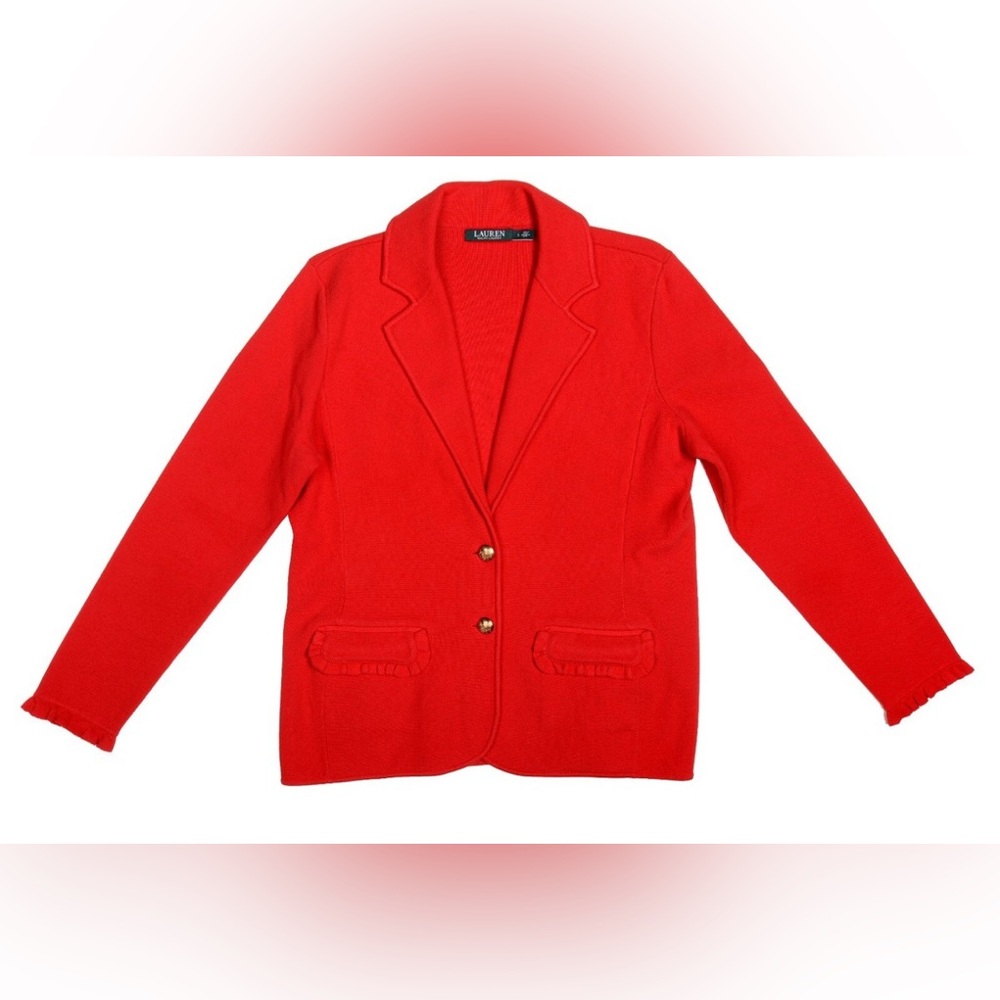 Ralph Lauren Red Cardigan Sweater
Blazer Jacket Gold Buttons
Women's Size Small